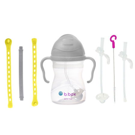 B.BOX 62627 Zestaw na start 3w1- bidon ze słomką240ml szary + smycz Lemon Sherbet + zapasowe słomki