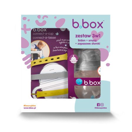 B.BOX 62627 Zestaw na start 3w1- bidon ze słomką240ml szary + smycz Lemon Sherbet + zapasowe słomki