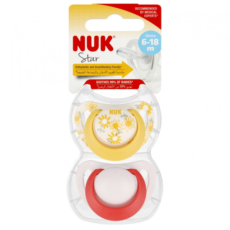 NUK 736726 Smoczek uspokajający 2 el. 6-18m STAR żółty/różowy