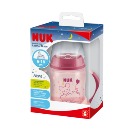 NUK ZE-102 Zestaw FC Butelka 150ml z uchwytami NIGHT różowa+ustnik silikonowy niekapek gratis