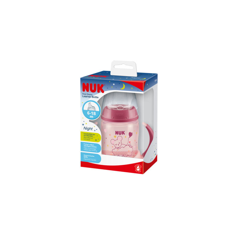 NUK ZE-102 Zestaw FC Butelka 150ml z uchwytami NIGHT różowa+ustnik silikonowy niekapek gratis
