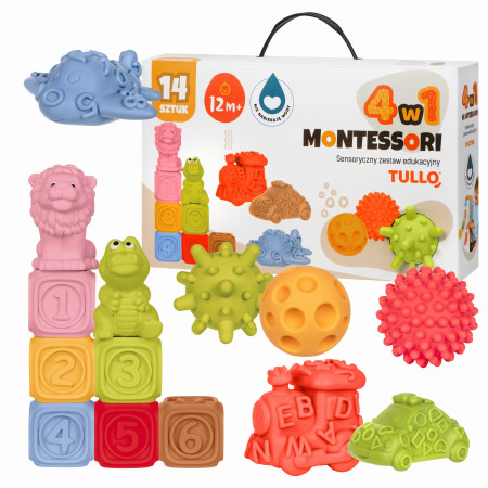 TULLO 614 Klocki sensoryczne, pojazdy, piłeczki sensoryczne, zwierzątka - zestaw edukacyjny Montessori 14 szt.