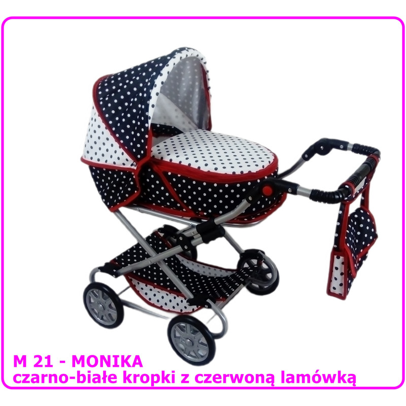 Wózek dla lalek głęboko-spacerowy MONIKA M21 czarno-białe kropki z czerwoną lamówką